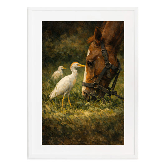 Horse and Egret Moody Nature Printable Wall Art | Digital Painting from Original Photograph Download