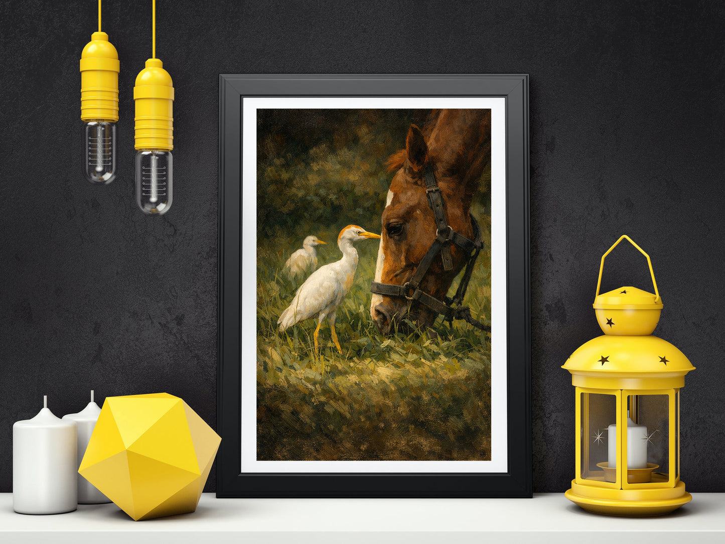 Horse and Egret Moody Nature Printable Wall Art | Digital Painting from Original Photograph Download