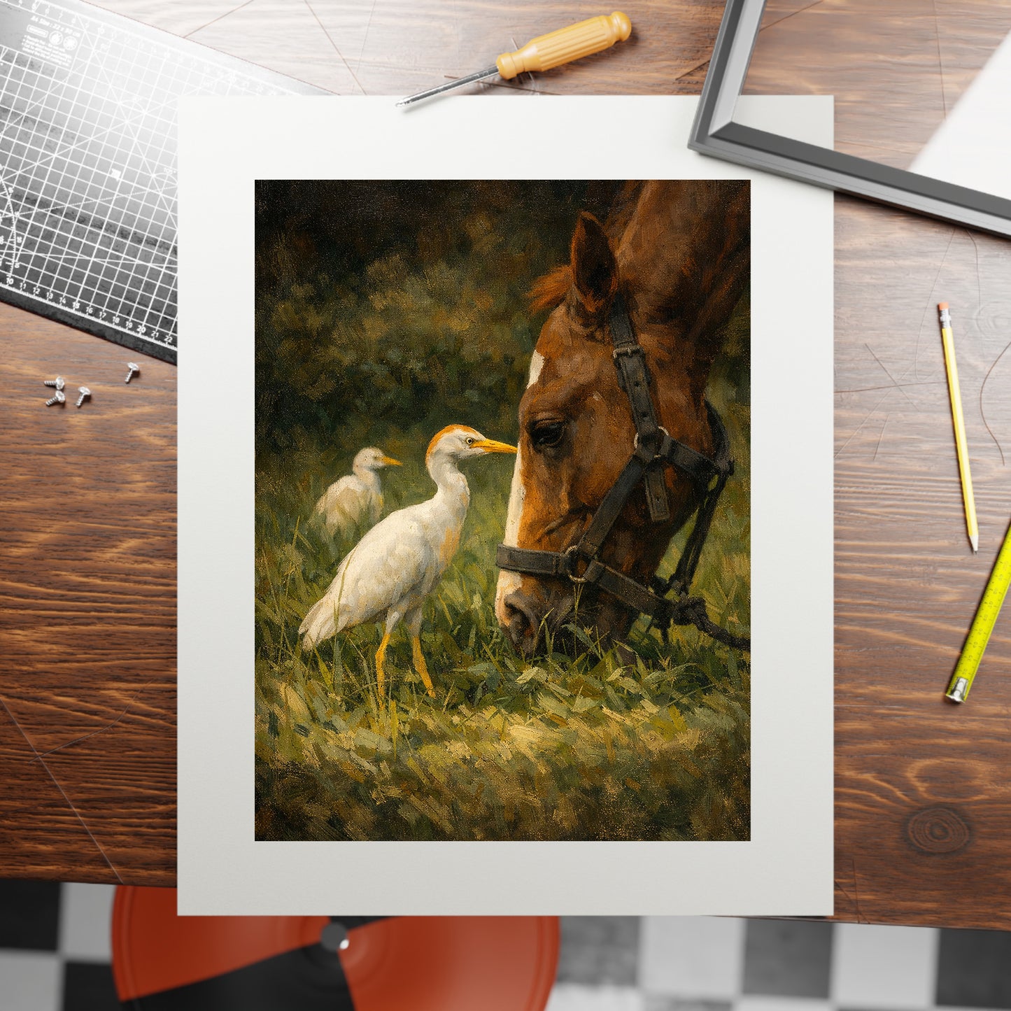Horse and Egret Moody Nature Printable Wall Art | Digital Painting from Original Photograph Download